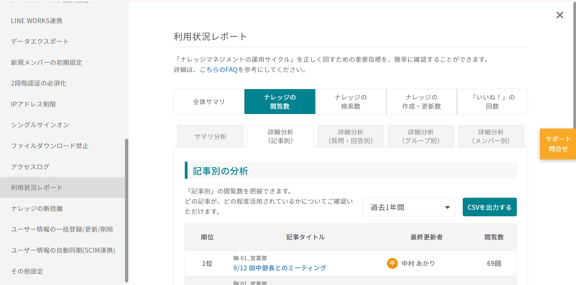 ナレカンの利用状況レポートで記事別の詳細分析の画面
